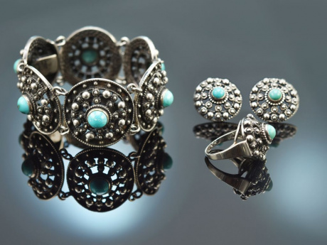 Um 1950! H&uuml;bsches Trachten Schmuckset Armband Ring Ohrringe Silber Howlith