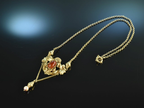 Deutsch um 1850! Biedermeier Collier Kette Karneol Naturperle Gold 585