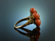 Around 1955! Beautiful Fine Coral Ring Sardegna Seed Pearls Gold 750