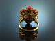 Around 1955! Beautiful Fine Coral Ring Sardegna Seed Pearls Gold 750