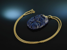 China um 1950! Seltener Lapislazuli Anh&auml;nger floral geschnitten mit Kette Gold 750