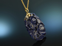 China um 1950! Seltener Lapislazuli Anh&auml;nger floral geschnitten mit Kette Gold 750