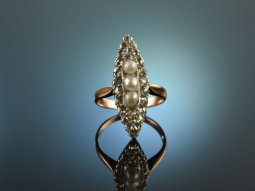 Berlin um 1850! Seltener Marquise Ring Diamantrosen Naturperlen Gold 750