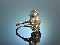 Frankfurt um 1915! Feinster Art Deco Platin Ring Diamanten Natur Perle
