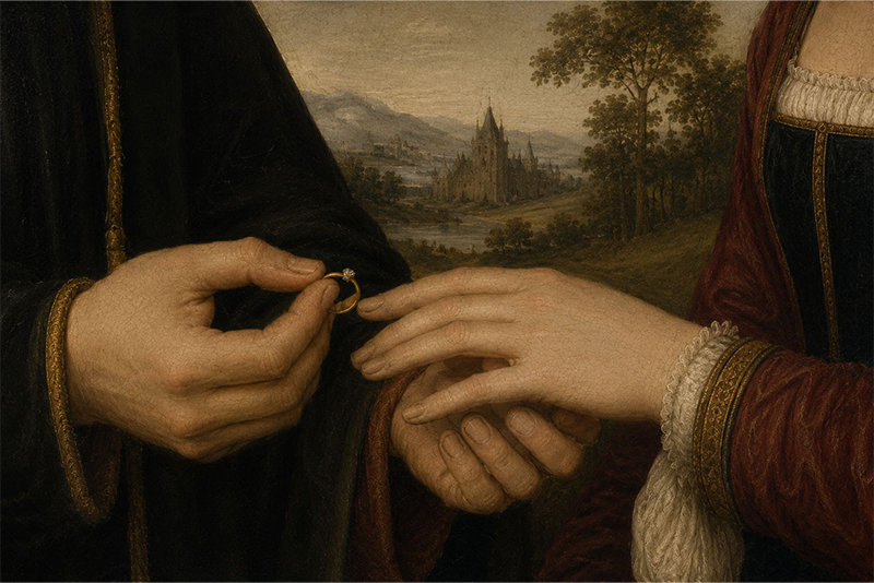 Überreichung eines Verlobungsringes auf einem historischen Gemälde