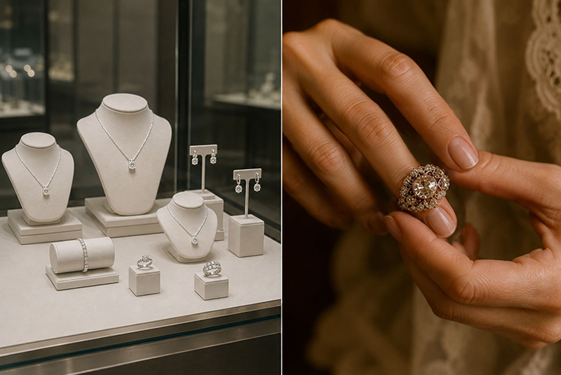 Juweliersauslage mit moderner Massenware vs. malerischer Antikschmuck