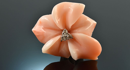 High-quality brooch featuring angel skin coral in the shape of a flower