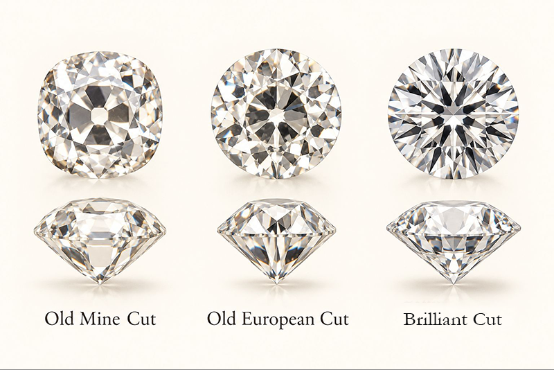 A schematic comparison of diamonds in the Old Mine Cut, Old Cut and Brilliant Cut