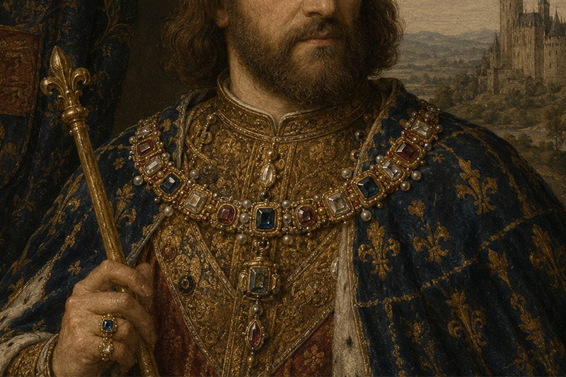 Gemälde eines mittelalterlichen Herrschers in diamantgeschmücktem Ornat