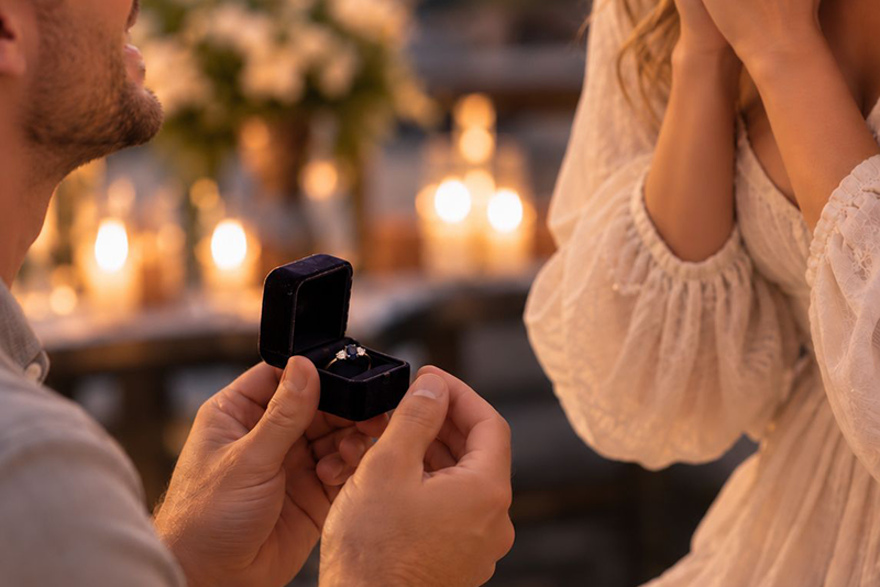 Romantischer Heiratsantrag im Kerzenschein mit antikem Verlobungsring
