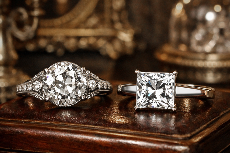 Two diamond rings with different cuts sitting on an antique leather box