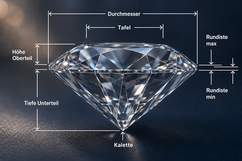 Graphische Darstellung der Bestandteile und Proportionen eines Brillanten