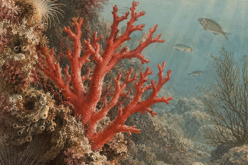 Natürliche Wachstumssituation einer roten Koralle unter Wasser dargestellt als historische Graphik