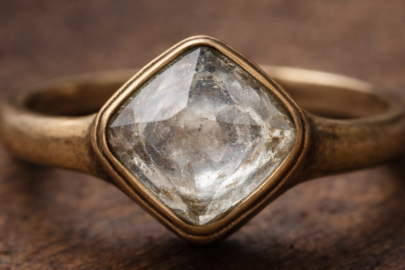 Mittelalterlicher Fingerring mit Spitzstein Diamant auf Holzoberfläche liegend