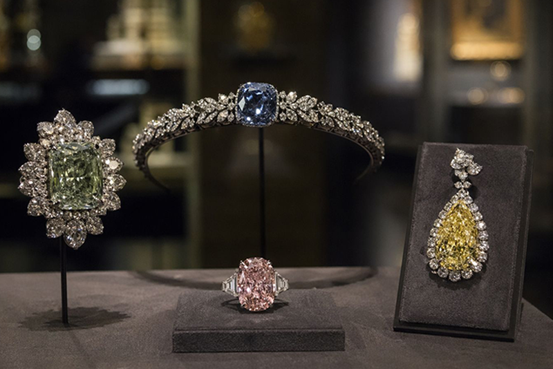 Museum collection of antique jewellery featuring coloured diamonds