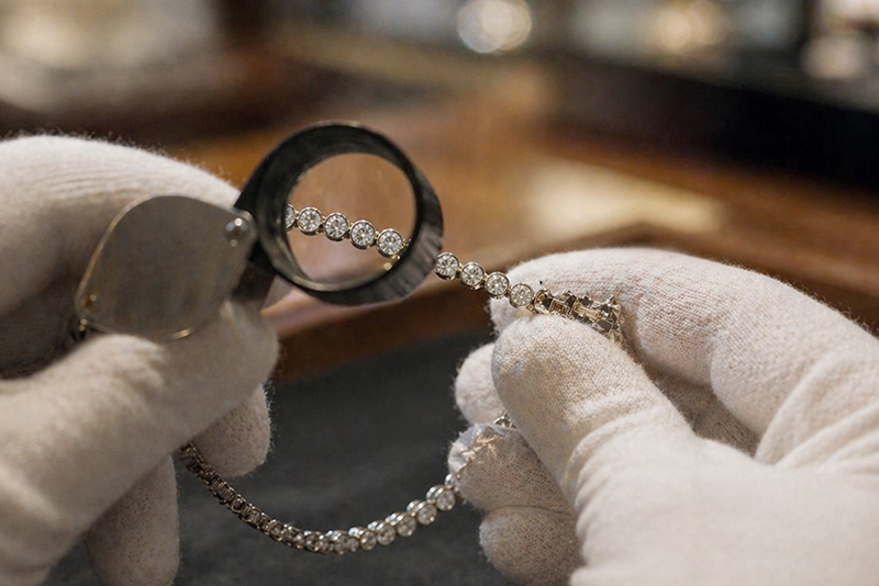 Professionelle Untersuchung eines Diamantarmbandes beim Juwelier