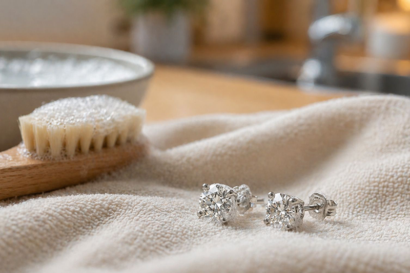 Reinigung von Diamantohrsteckern mit weichem Tuch Seifenlauge und Bürste