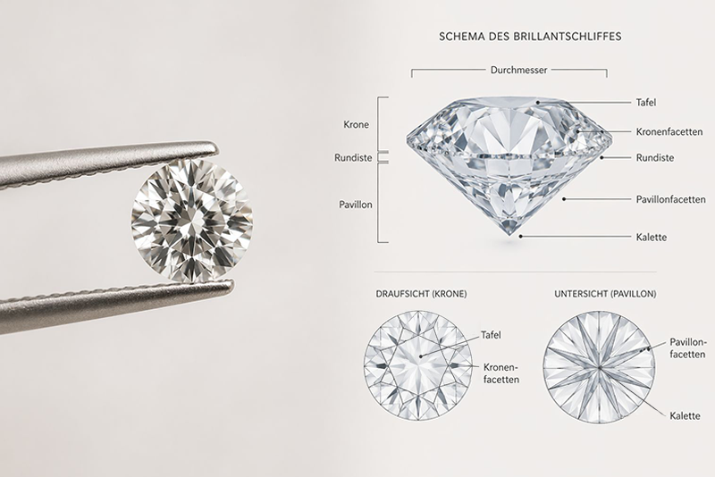 Ein Diamant eingespannt in eine Kornzange neben dem Schema des Brillantschliffes