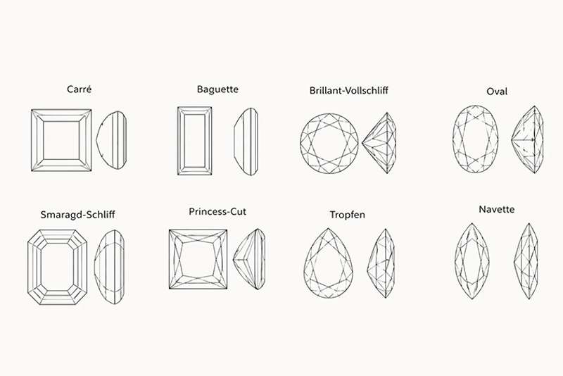 Graphische Darstellung von unterschiedlichen Diamant Schliffarten