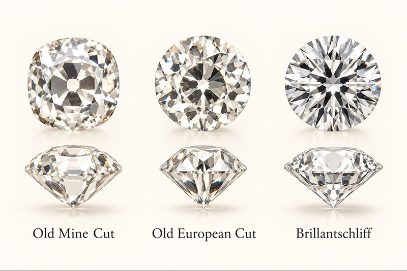 Schematischer Vergleich von Diamanten im Old Mine Cut, Altschliff und Brillantschliff